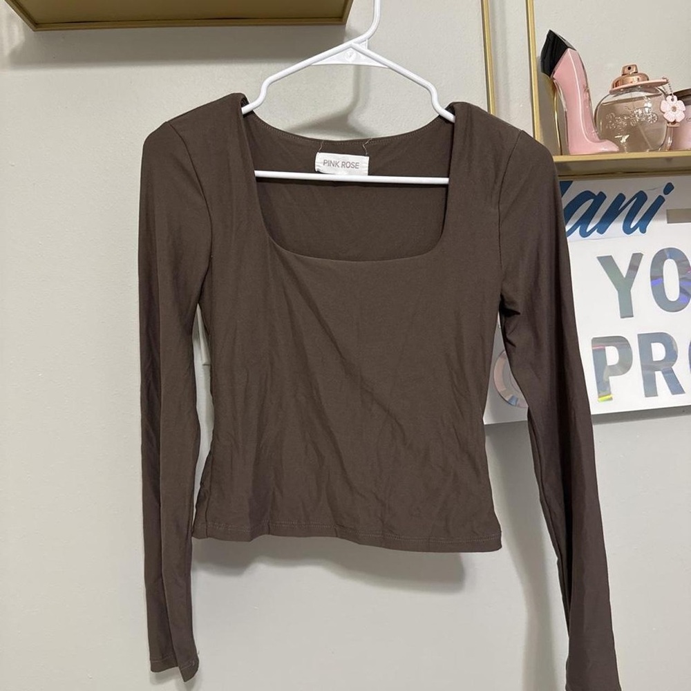 Pink Rose Brown Long Sleeve Scoop Neck Top